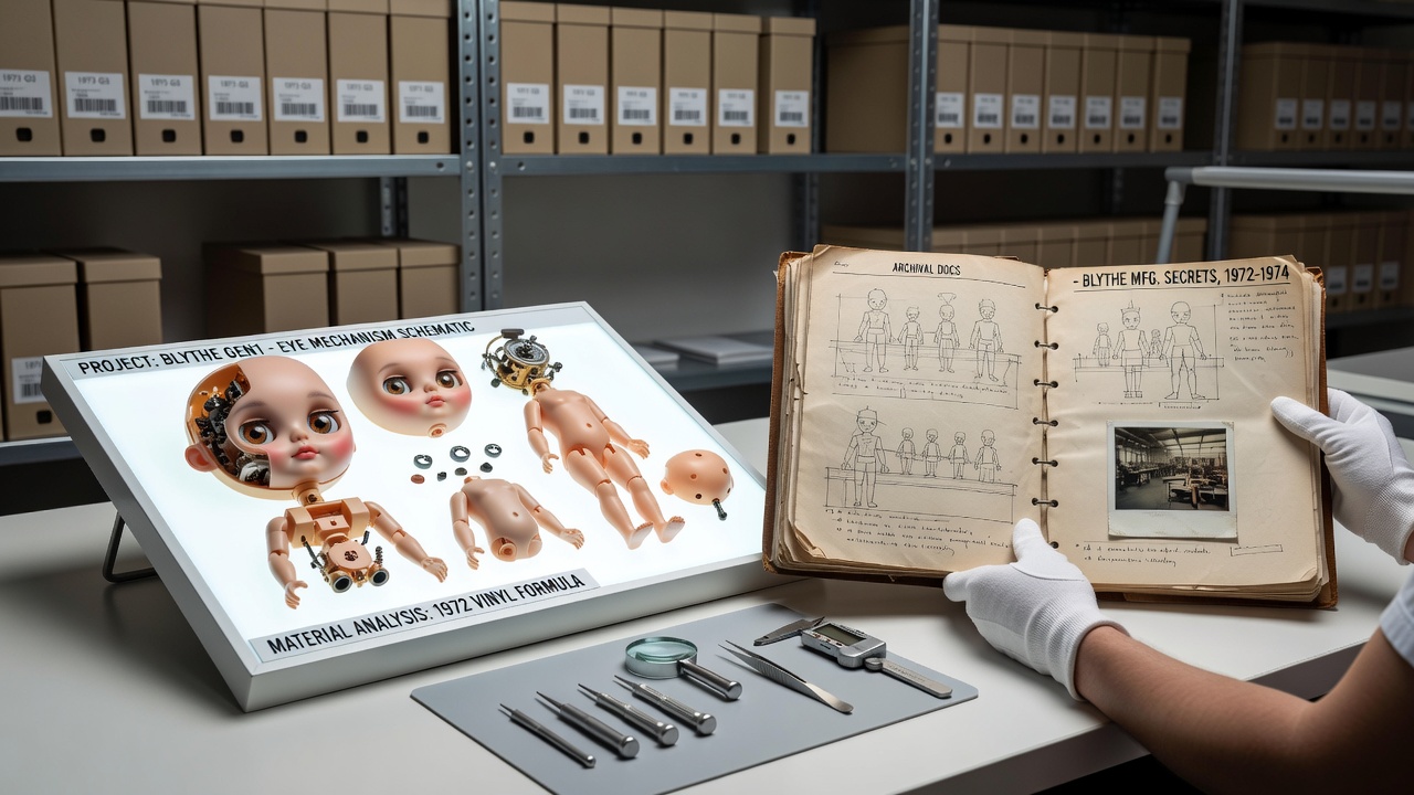 Archival documents and original Blythe doll molds laid out on a preservation table during 2025 cataloging session